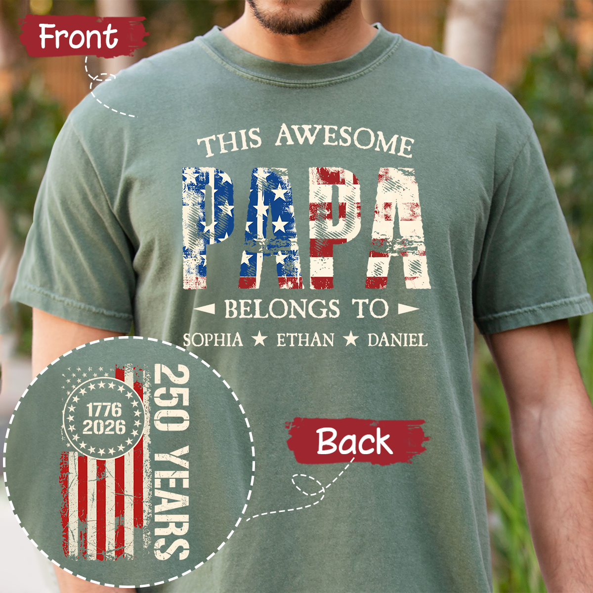 Custom This Awesome Papa Belongs To Shirt, Personalized with Grandkids Names, 250 Years American Flag Design