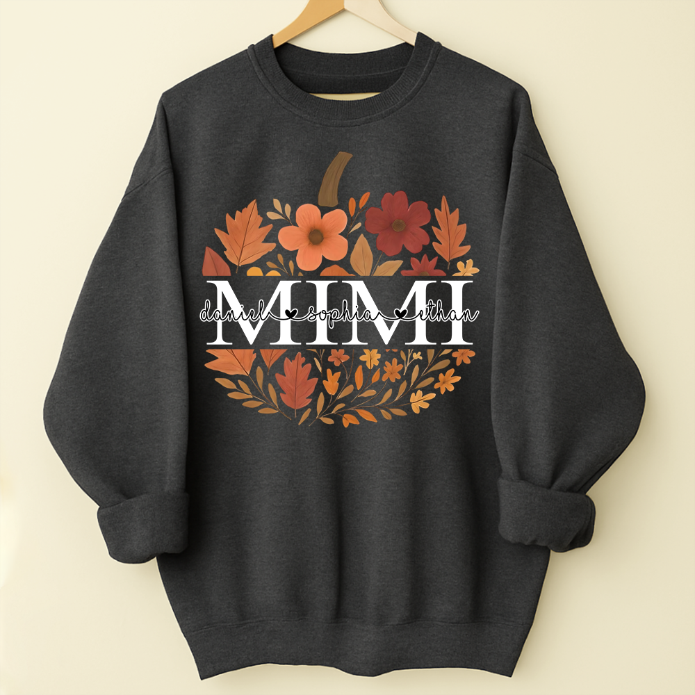 Mimi Pumpkin Floral Sweatshirt, Custom Grandchildren Names Fall Shirt, Personalized Autumn Grandma Gift, Cozy Family Outfit