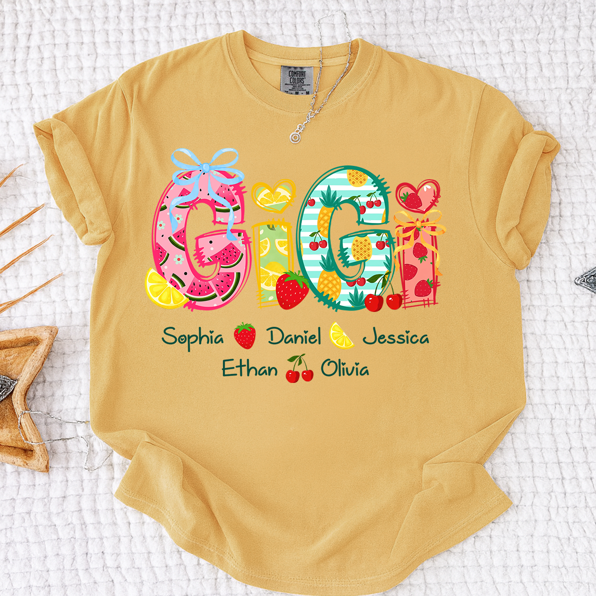 Comfort Colors Custom Gigi Shirt for Grandma, Personalized Family Name T Shirt, Summer Fruit Graphic Tee with Kids Names