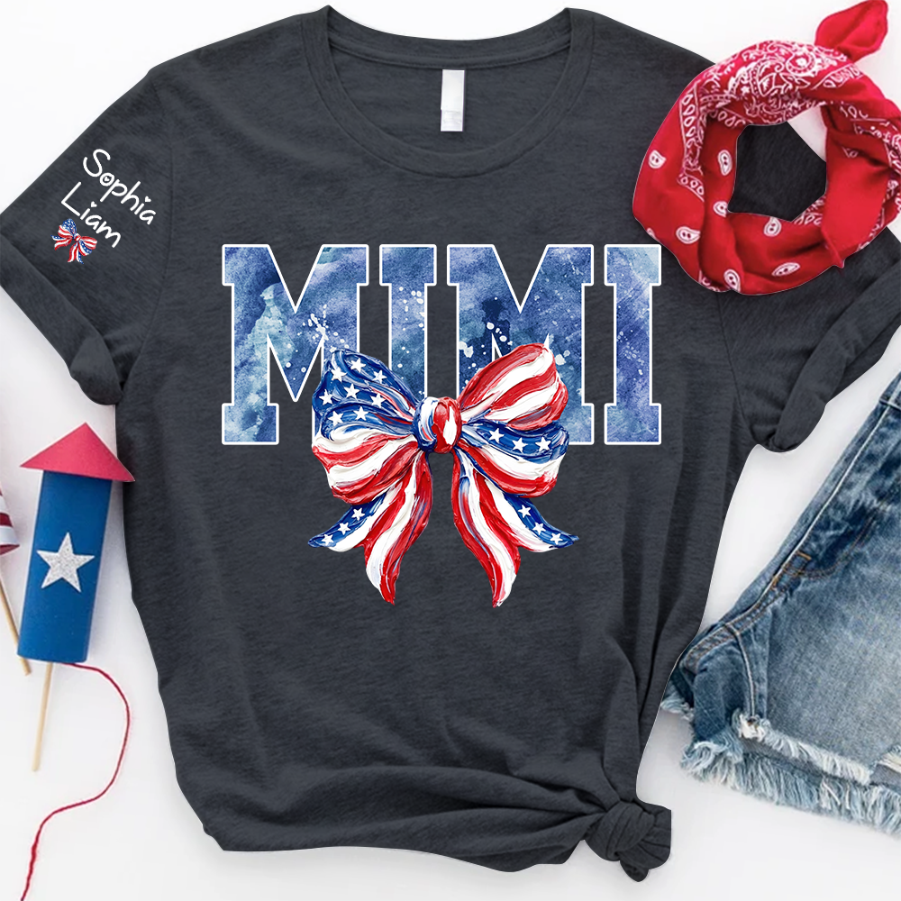 Custom Mimi Shirt with Sleeve Names, American Flag Bow Graphic Tee, Patriotic Grandma Independence Day Apparel