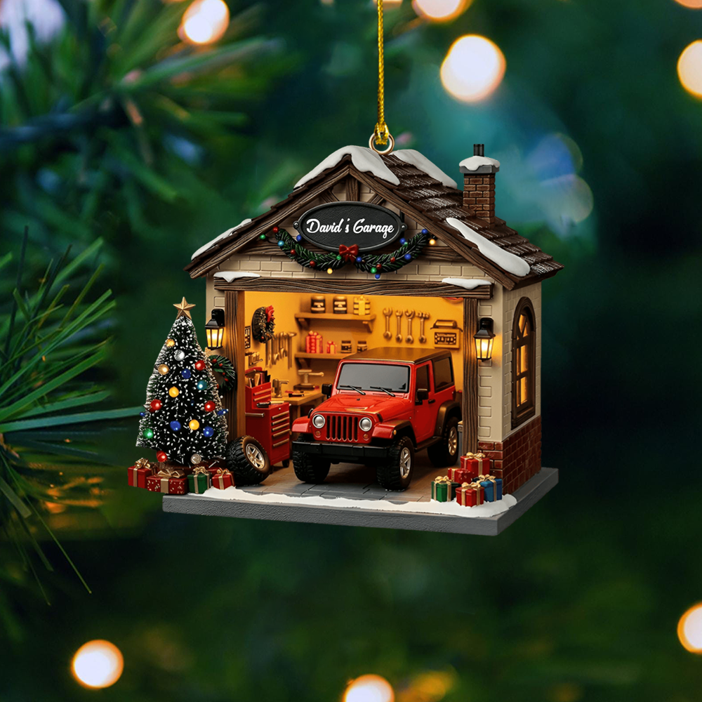 Personalized Garage Ornament – Custom Name Jeep Garage Christmas Decoration, Perfect Gift for Car Lovers Ornament