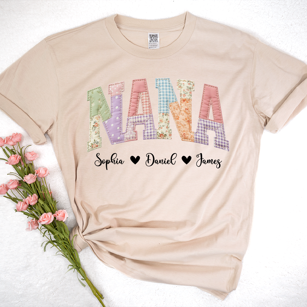 Personalized NANA Shirt – Cute Patchwork Design with Names of Loved Ones, Perfect for Grandmother