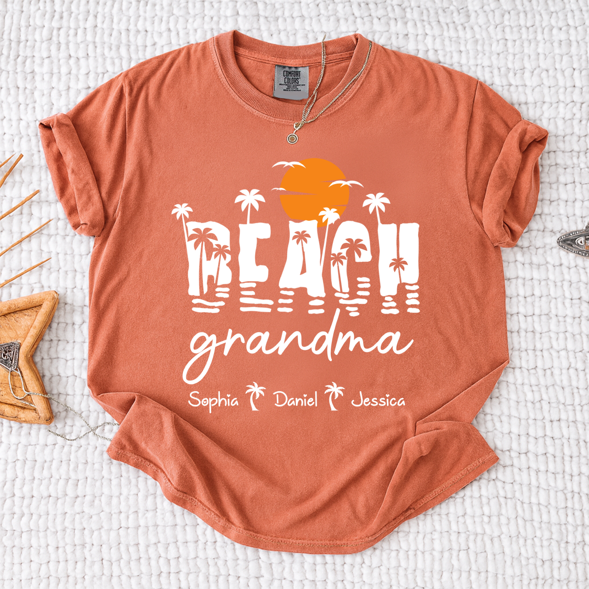 Comfort Colors Personalized Tropical Grandma Shirt – Custom Beach Sunset Palm Tree Tee with Grandchildren Names, Vacation Gift for Her