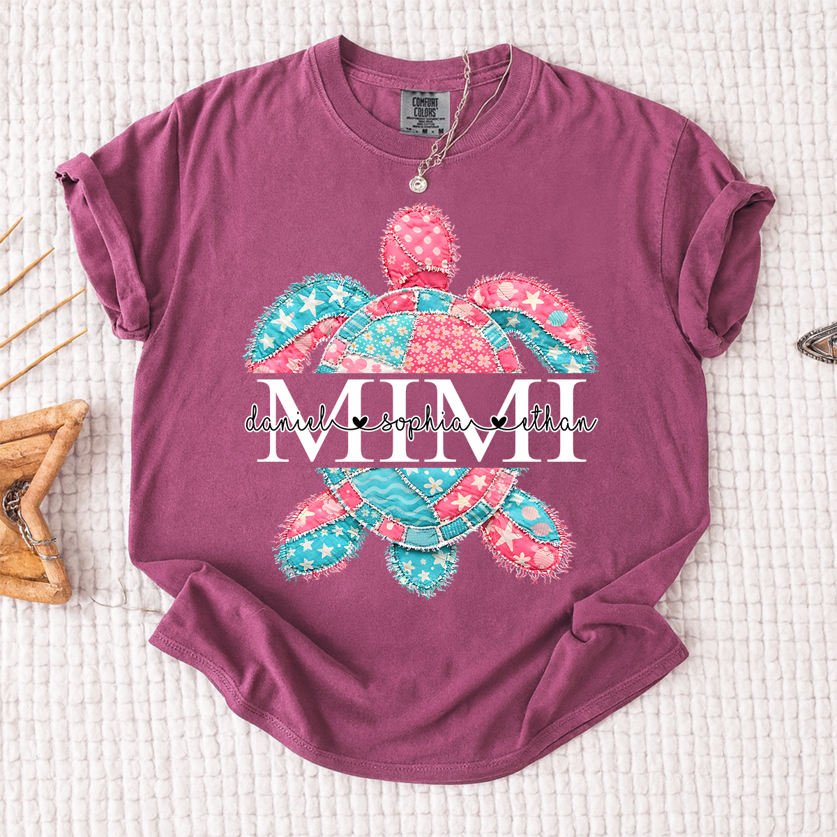 Comfort Colors Personalized Mimi Sea Turtle Shirt with Grandkids Names, Custom Grandma Beach T Shirt for Women, Coastal Family Gift