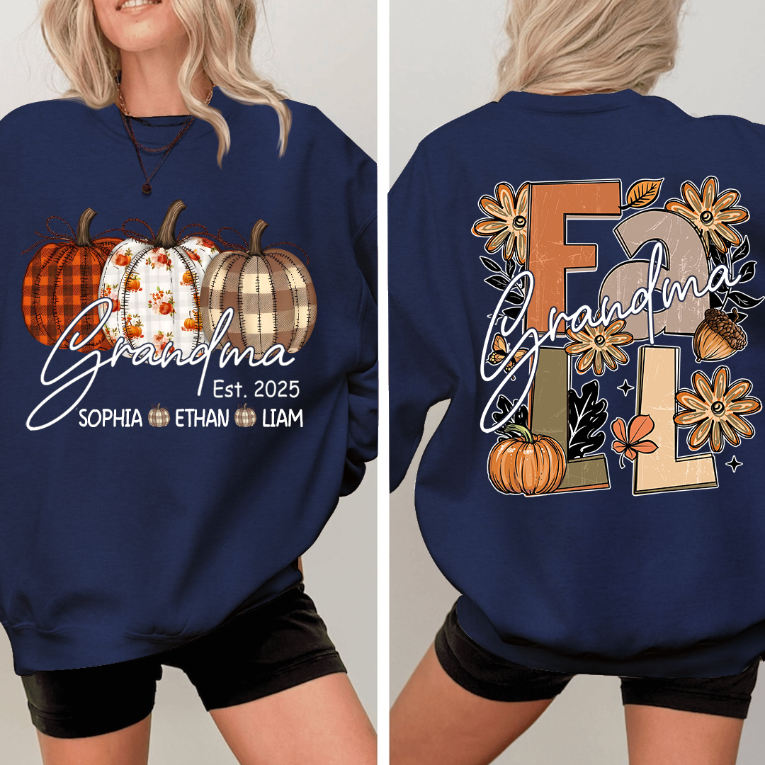 Grandma Autumn Sweatshirt, Pumpkin Floral Shirt with Custom Grandkids Names