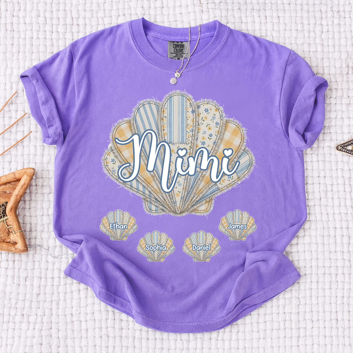 Comfort Colors Personalized Mimi Shirt with Grandkids Names, Custom Seashell Patchwork Graphic Tee, Beach Grandma Summer Family Shirt