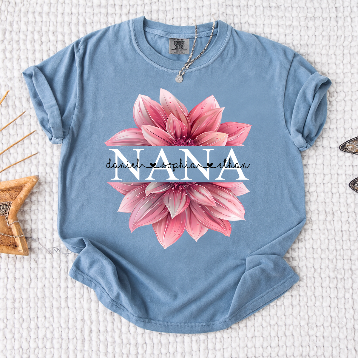 Comfort Colors Personalized Nana Shirt with Pink Lotus Flower Design, Custom Gift for Grandma with Grandkids Names