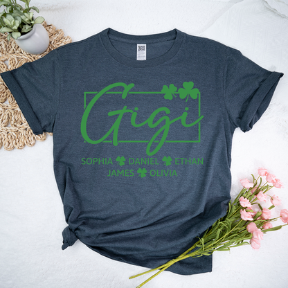 Personalized Gigi Shirt St Patricks Day Shamrock Design, Custom Grandma Shirt With Kids Names