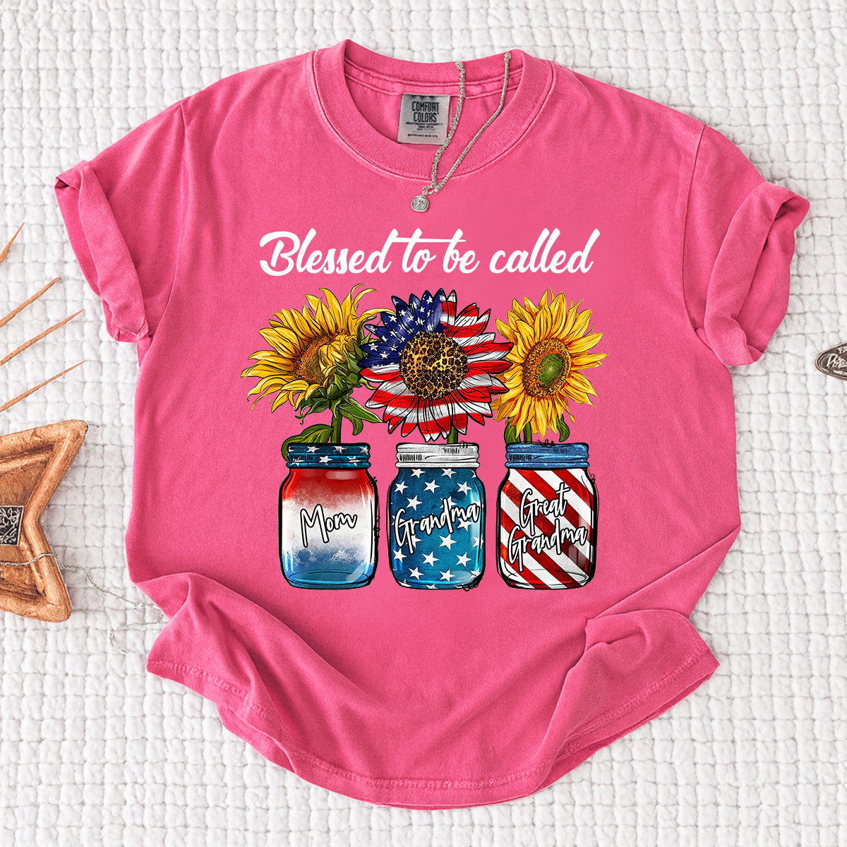 Comfort Colors Personalized Blessed to be Called Shirt, Custom Names with Sunflower and Patriotic Jar Design