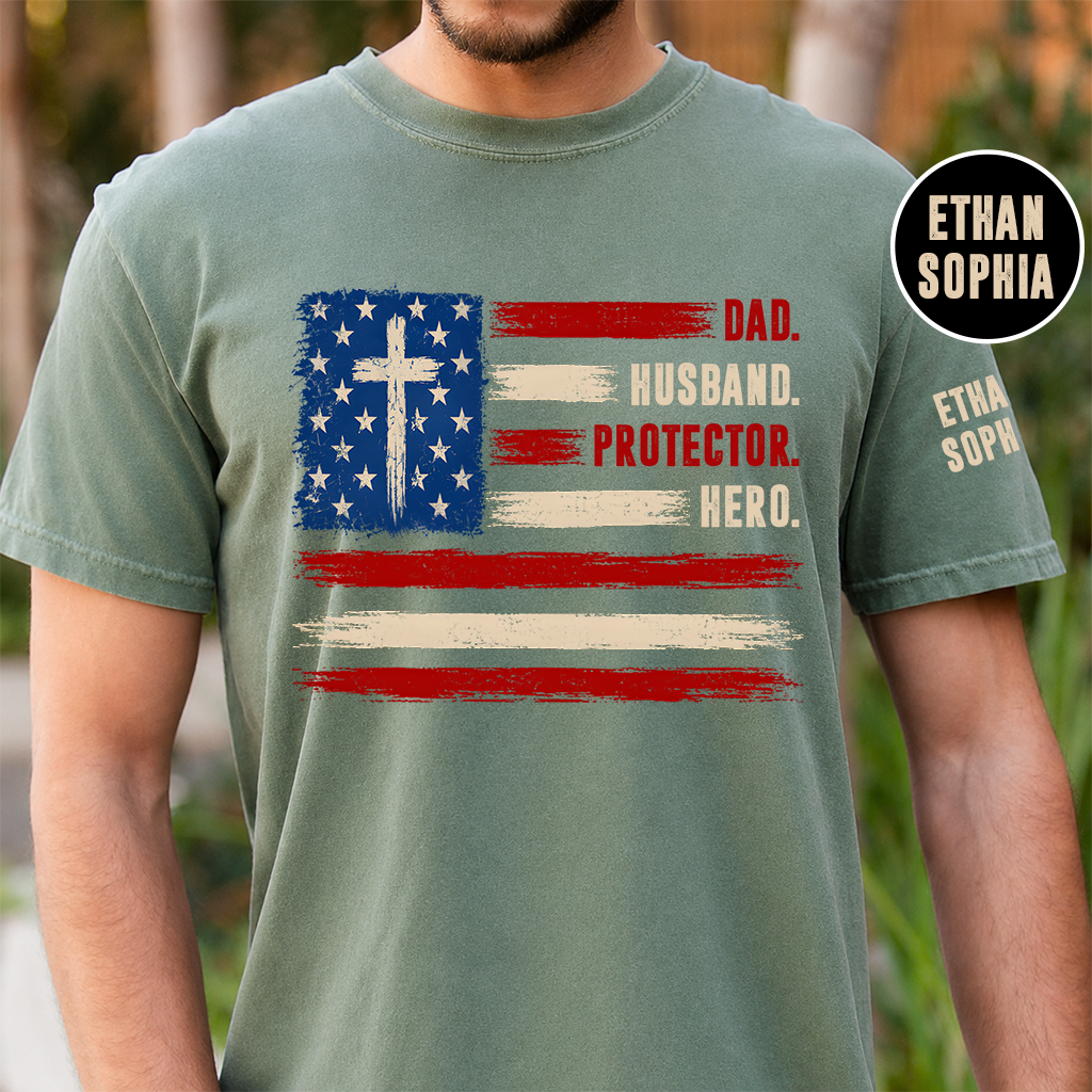 Dad Husband Protector Hero T-Shirt – Personalized Names Patriotic Gift for Father Papa Birthday Fathers Day