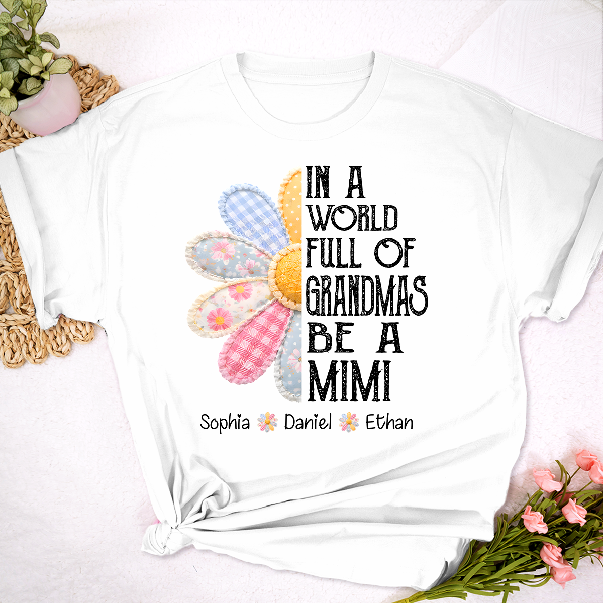 Custom Mimi T Shirt with Grandchildren Names, Vintage Patchwork Flower Graphic Tee, In A World Full of Grandmas Be a Mimi Shirt