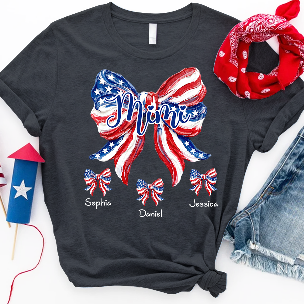 Patriotic Mimi Shirt for Grandma, Custom USA Flag Bow Tee, Personalized Family Names Summer Holiday Gift