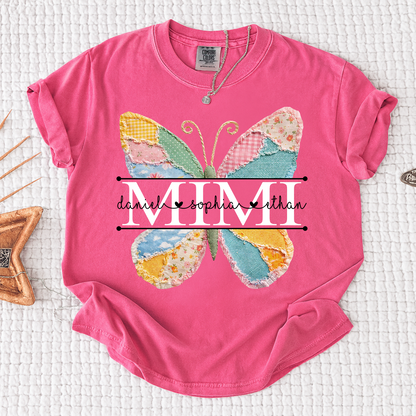 Comfort Personalized Mimi Shirt with Grandkids Names, Butterfly Patchwork Design Family Tee