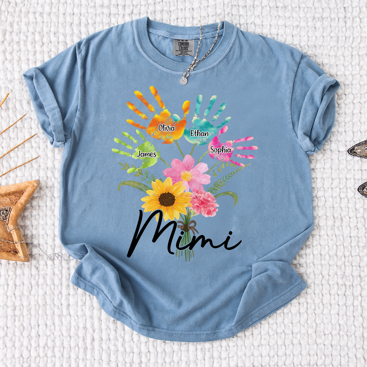 Custom Mimi Shirt, Personalized Handprints and Flowers with Family Names, Idea Gift for Mimi