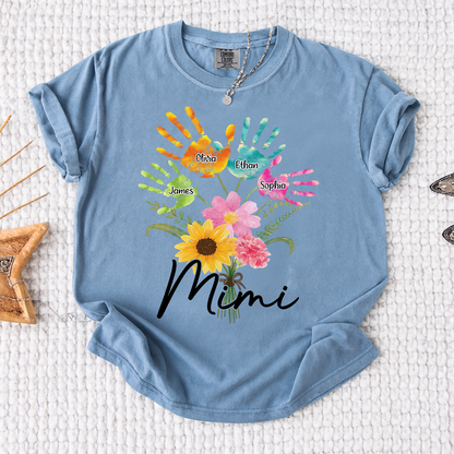 Custom Mimi Shirt, Personalized Handprints and Flowers with Family Names, Idea Gift for Mimi