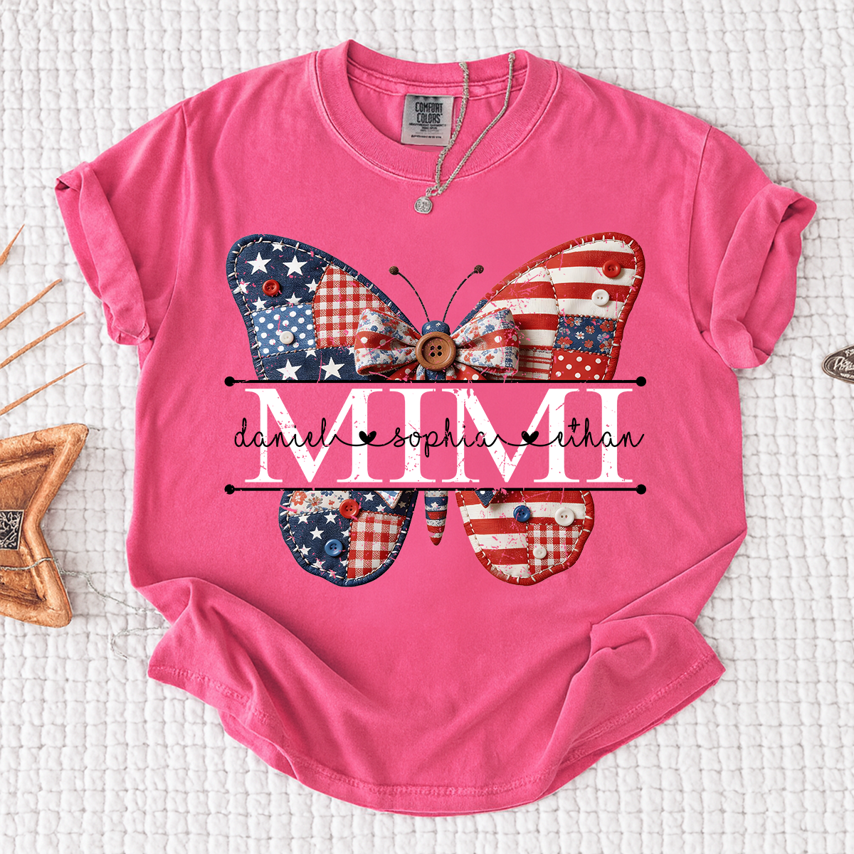 Comfort Mimi Patriotic Shirt, Custom Names with USA Flag and Floral Butterfly Graphic