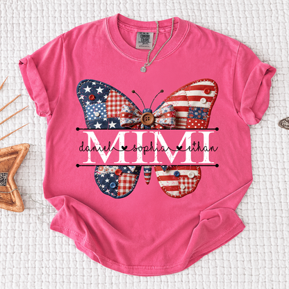 Comfort Mimi Patriotic Shirt, Custom Names with USA Flag and Floral Butterfly Graphic