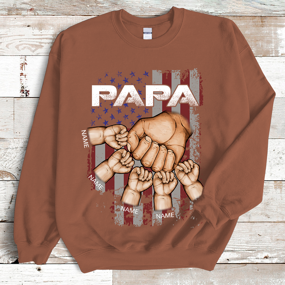 Grandpa America Flag And Fist Bump Print Custom Grandkids Name Independence Day Sweatshirt