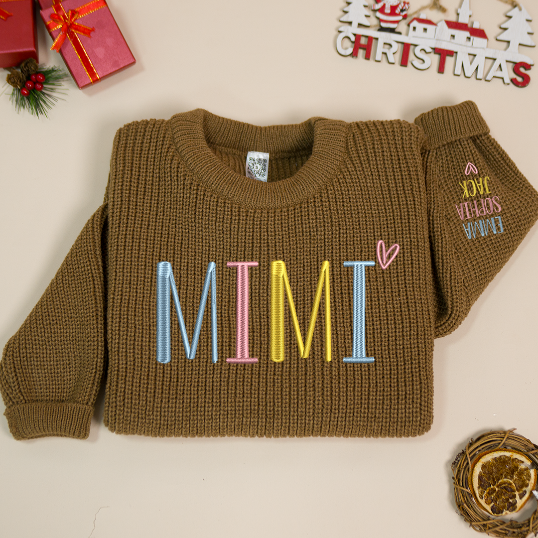 Mimi Embroidered Color  Sweater, Christmas Gift Knit Sweater – Personalized Mama Claus Sweater with Festive Design