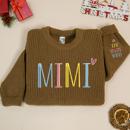Mimi Embroidered Color  Sweater, Christmas Gift Knit Sweater – Personalized Mama Claus Sweater with Festive Design