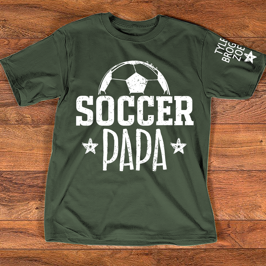 Soccer Papa Shirt, Personalized Soccer Dad T-Shirt, Custom Names on Sleeve, Gift For Grandpa