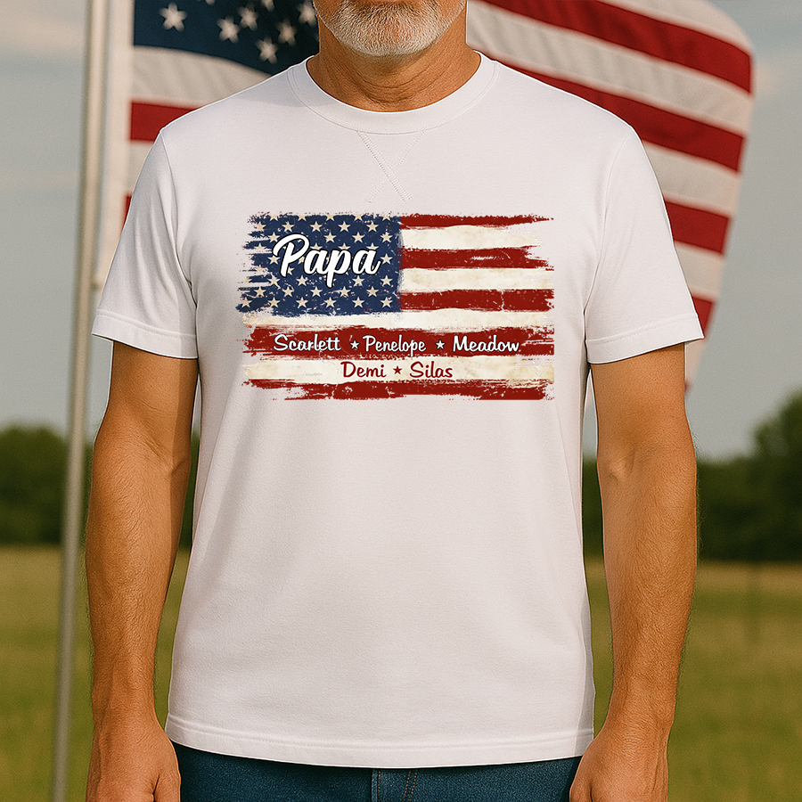 Grandpa With Grandkids Names 4th Of July Flag Classic X-Stitch Tee