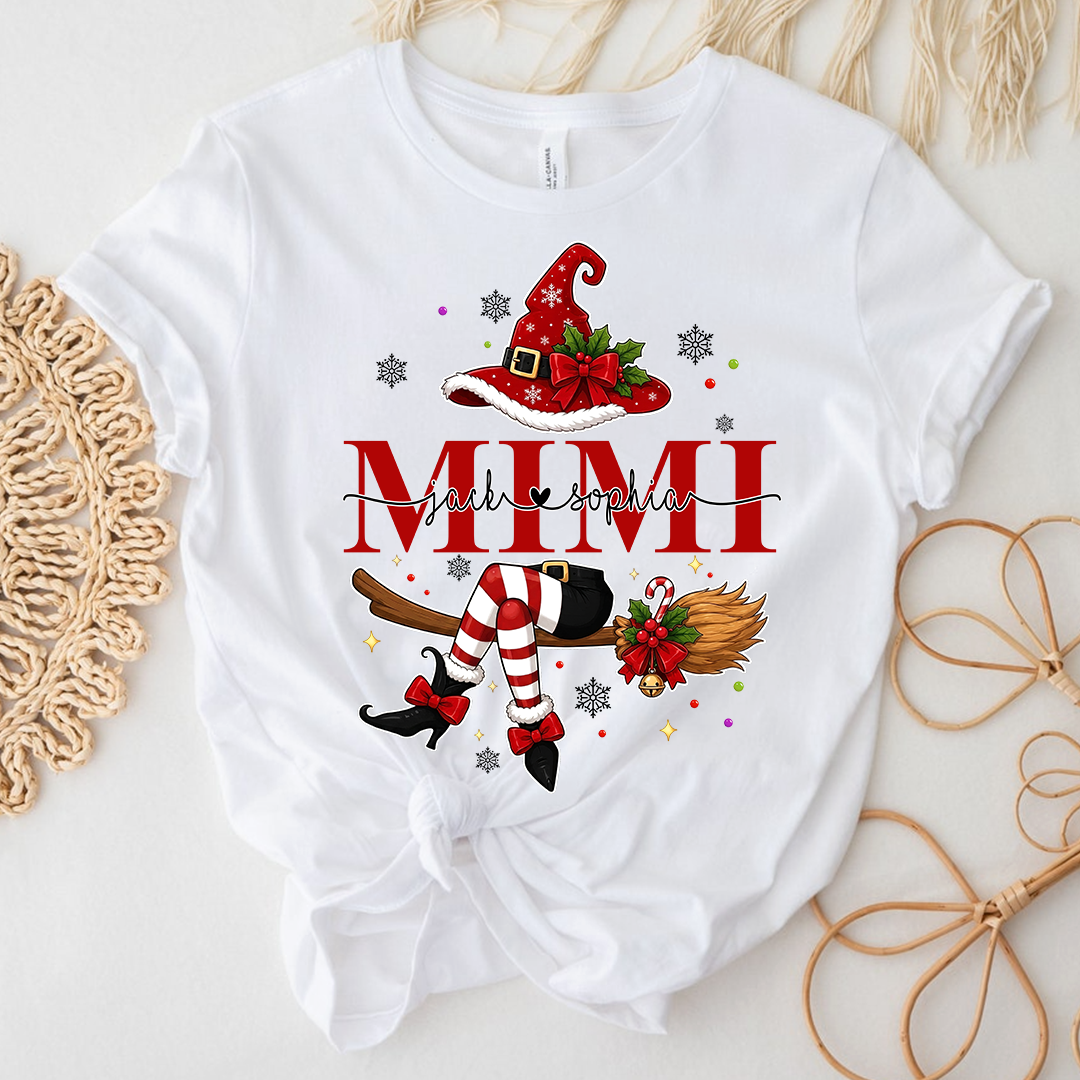 Funny Mimi Holiday Shirt, Christmas Santa Witch Legs Graphic Tee, Personalized Grandma T Shirt, Cute Winter Gift for Women