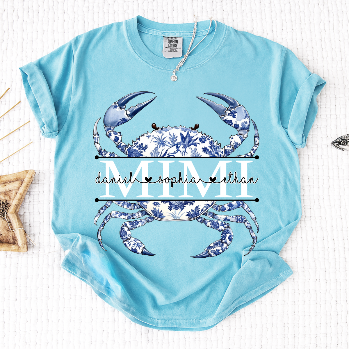 Comfort Colors® Personalized Mimi Shirt, Blue Ocean Crab Graphic Tee, Custom Grandkids Names T Shirt, Cute Coastal Family Gift