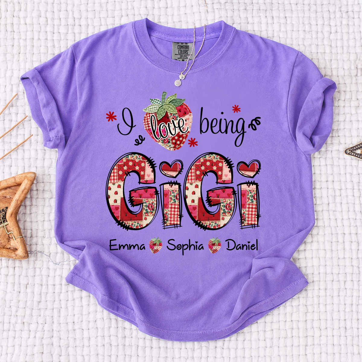 Comfort Colors Personalized I Love Being Gigi Shirt, Custom Grandma Strawberry Patchwork Tee with Names, Gift for Grandma