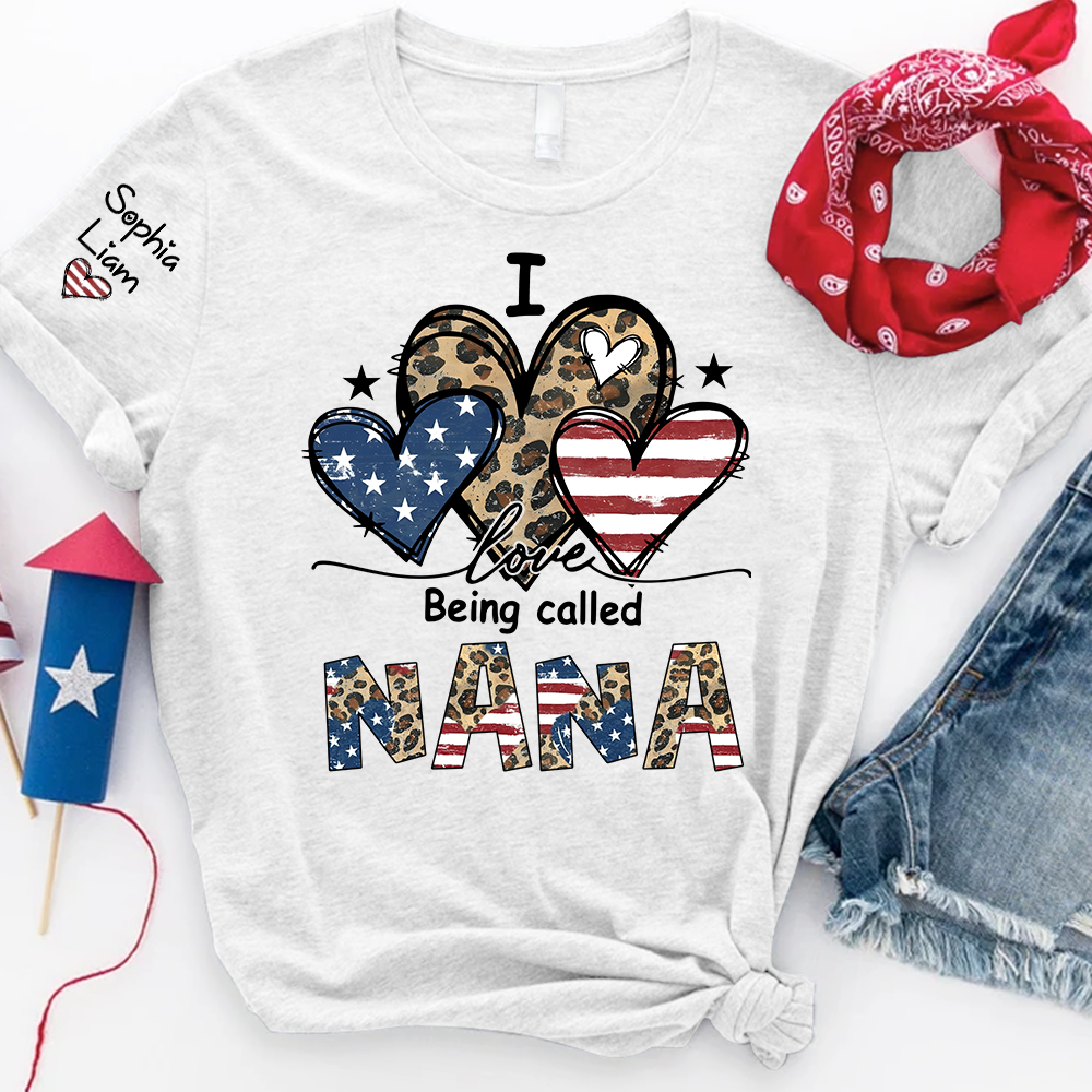 I Love Being Called Nana Shirt with Grandkids Names USA Flag and Leopard Heart Graphic Custom Family Name Tee