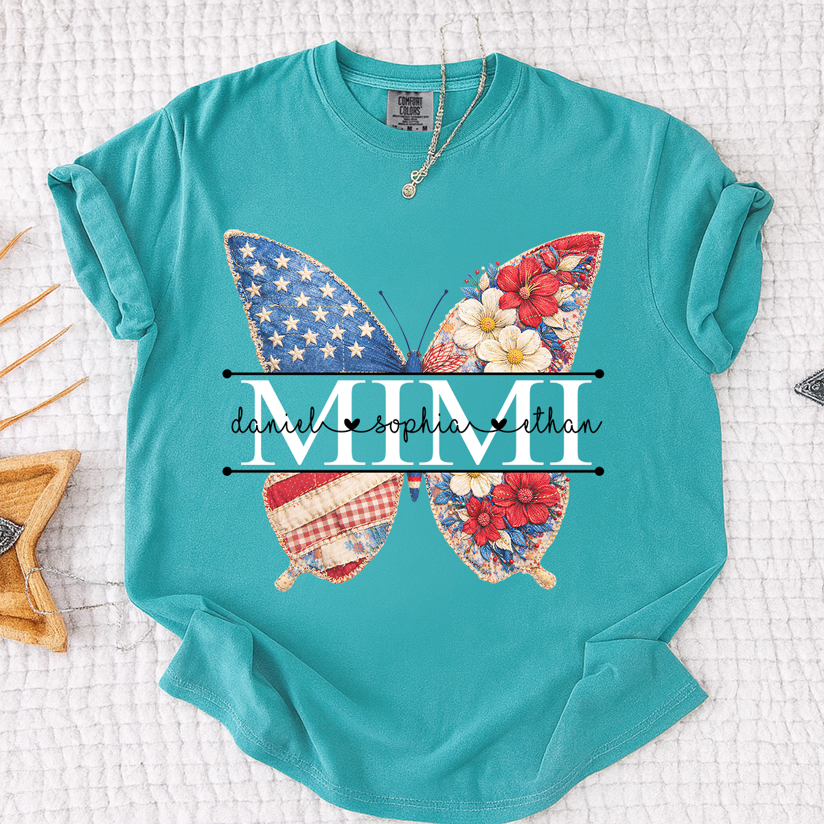 Comfort Personalized Mimi Shirt with Grandkids Names, American Flag and Flower Butterfly Design
