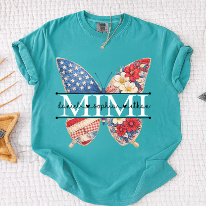 Comfort Personalized Mimi Shirt with Grandkids Names, American Flag and Flower Butterfly Design