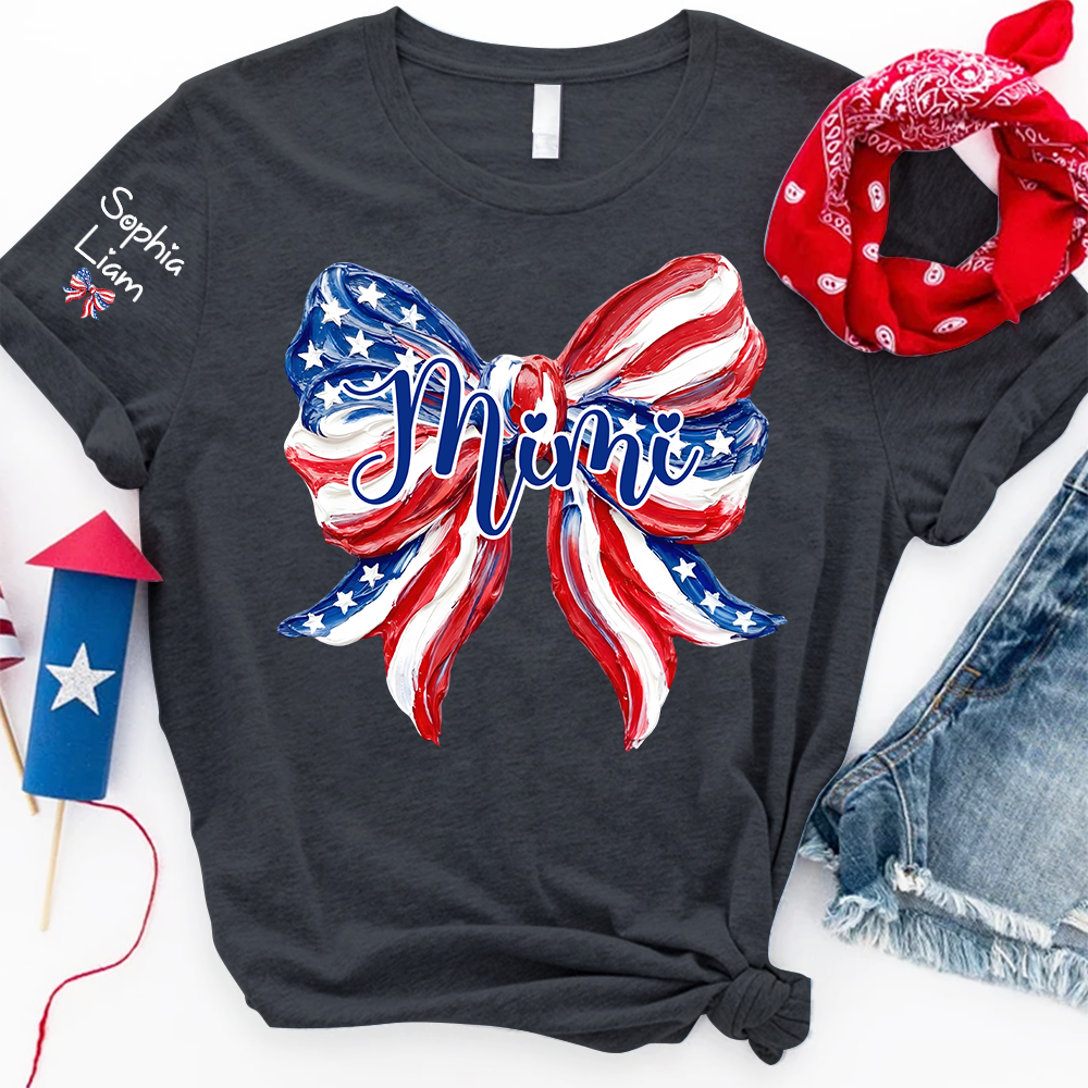 Personalized Mimi Patriotic Bow Shirt, Custom Grandma Tee with Kids Names, Fourth of July Gift for Nana Gigi Women