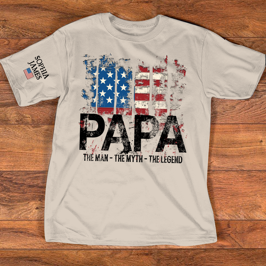 Custom Papa T-Shirt with USA Flag Graphic – Personalized Gift for Father Featuring Kids’ Names
