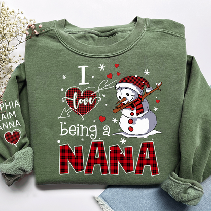 I Love Being a Nana Sweatshirt, Personalized Christmas Snowman Shirt with Kids Names