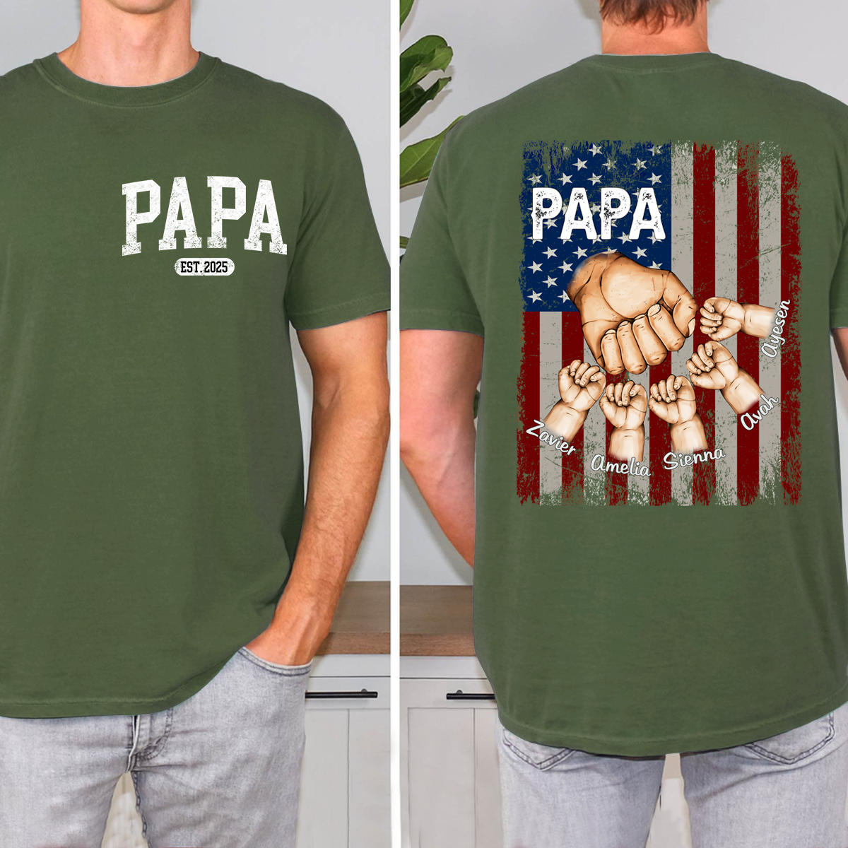 Personalized Papa Fist Bump Grandchild Names Shirt, Customized Fathers Day Grandkids Hands Name T-Shirt