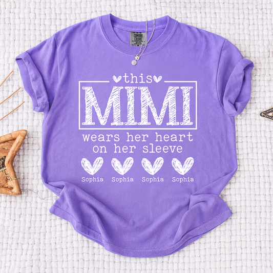 Comfort Colors Custom Mimi Shirt, This Mimi Wears Her Heart on Her Sleeve  with Grandkids Names, Idea Gift for Mother's Day, Birthday