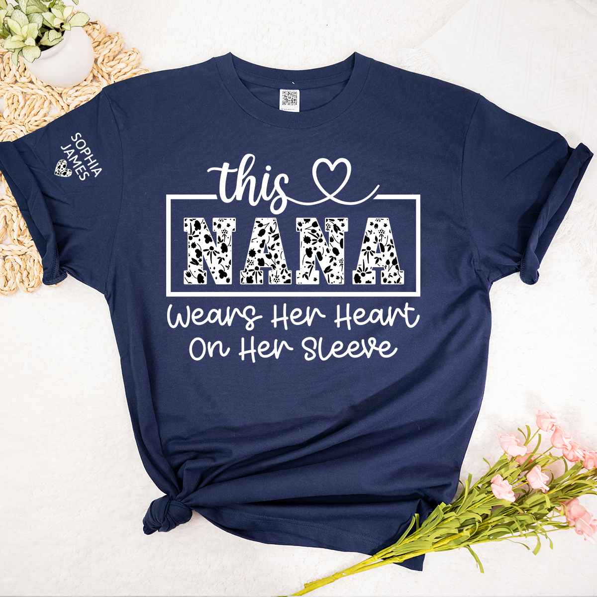 This Nana Wears Her Heart on Her Sleeve Floral T-Shirt, Custom Nana Gift for Grandmother