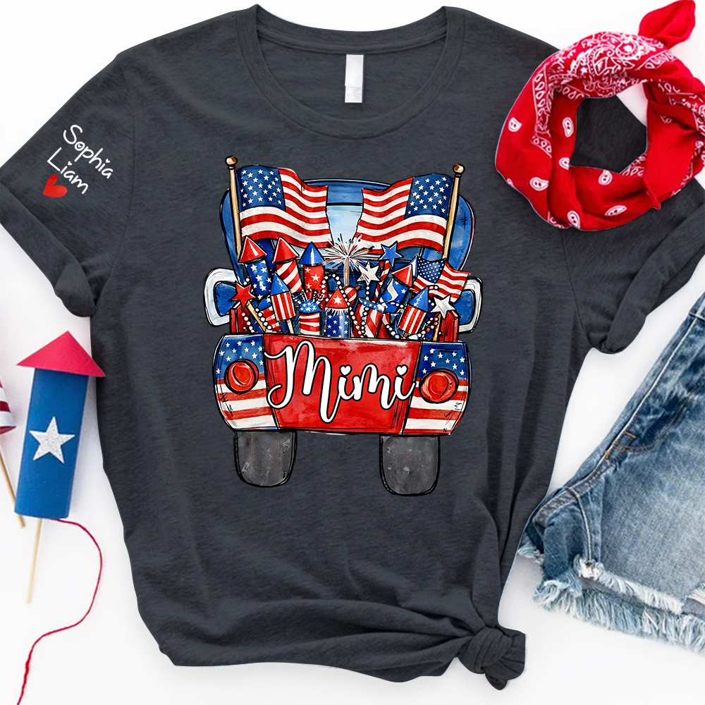Personalized Mimi Shirt, Patriotic Truck Fireworks Design, Custom Name Sleeve, Fourth of July Shirt, Independence Day Family Outfit