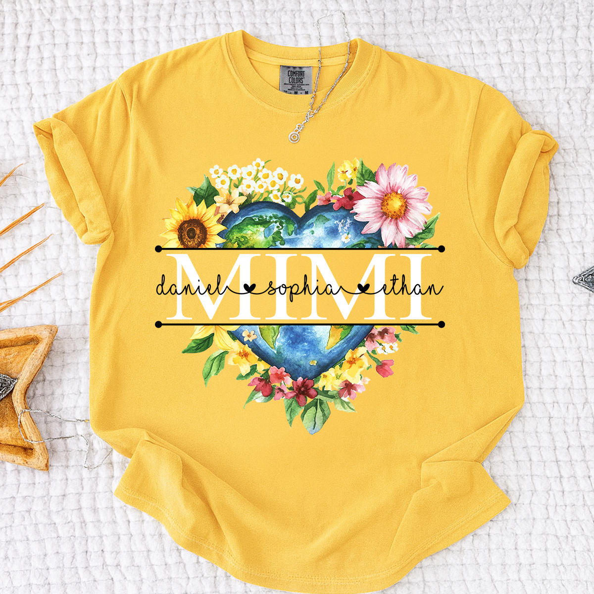 Comfort Colors Custom Mimi Heart Shaped Earth Shirt, Floral Heart Graphic with Grandkids Names, Family Love Tee