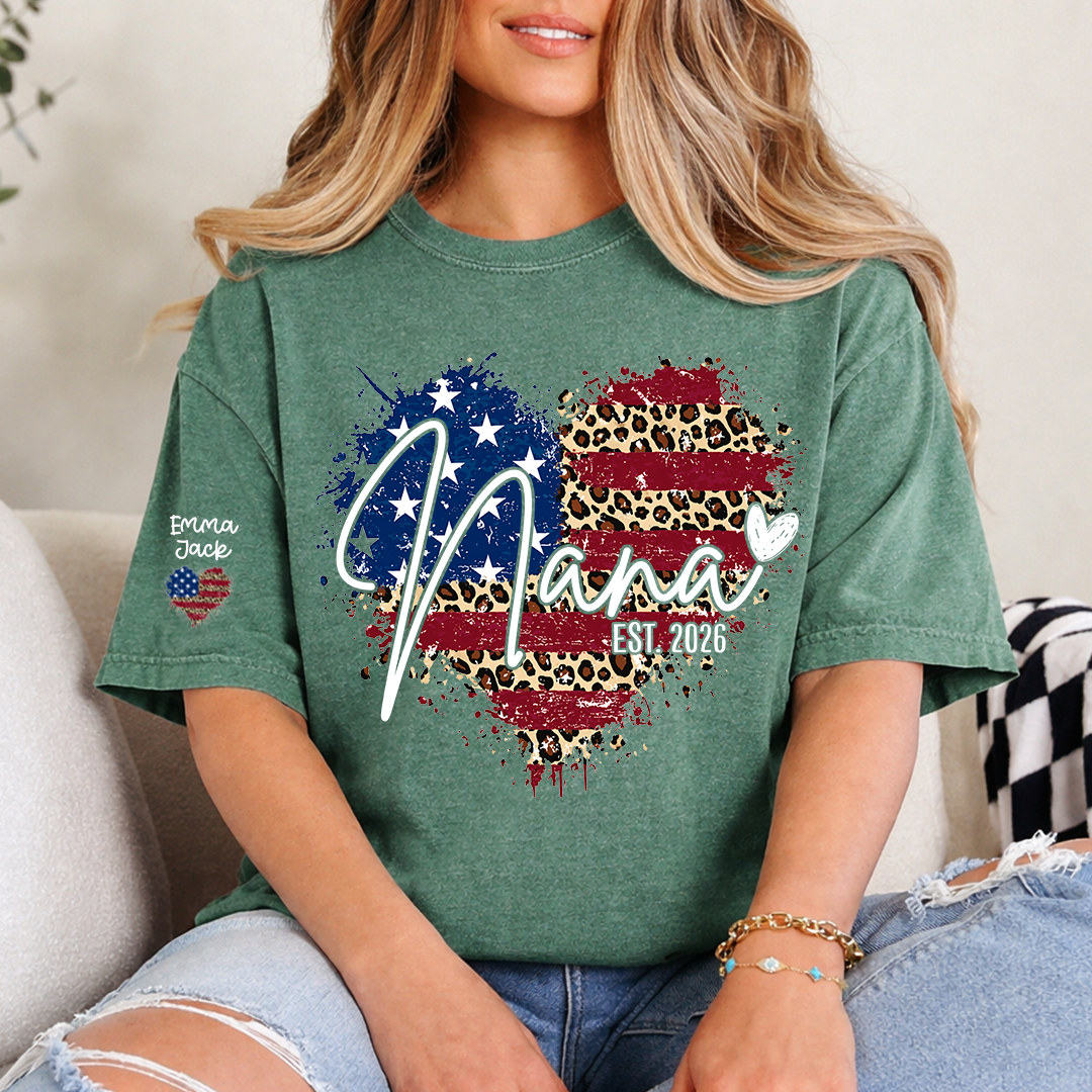 Custom American Flag Heart Nana T-shirt, Grandma Shirt with Kids, Mother's Day Gift for Grandma
