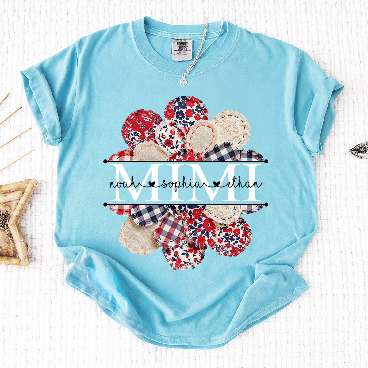 Comfort Colors Custom Mimi T-shirt with Grandkids Names, Red and Blue Floral Patchwork
