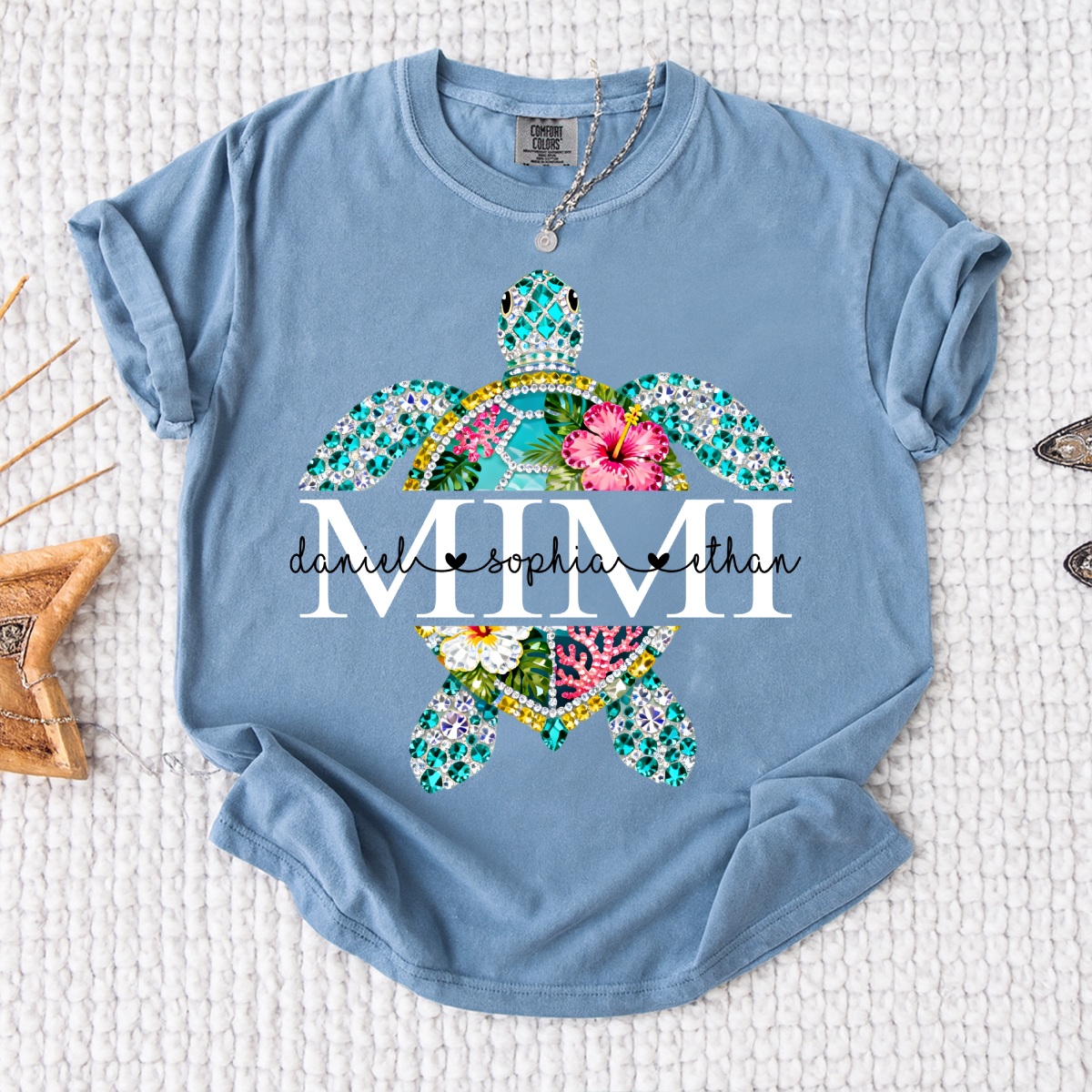 Comfort Colors Custom Mimi Turtle Monogram Shirt – Personalized Family Name Turtle Graphic Tee, Ocean Lover Gift for Women