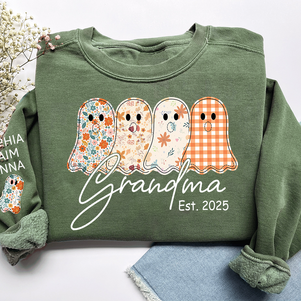 Personalized Fall Ghost sweatshirt, Custom Kids name on sleeve, For Gift Grandma