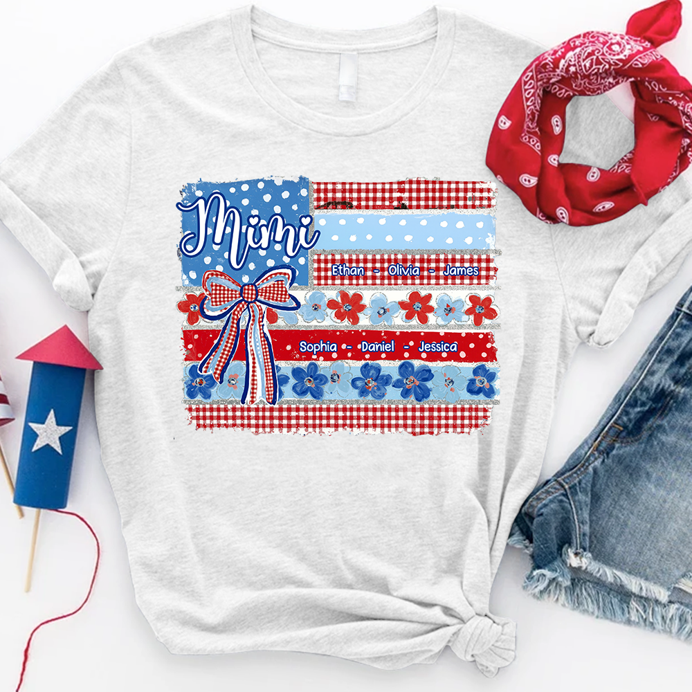 Patriotic Mimi Shirt with Grandkids Names Custom Family Shirt Featuring American Flag and Floral Bow Design