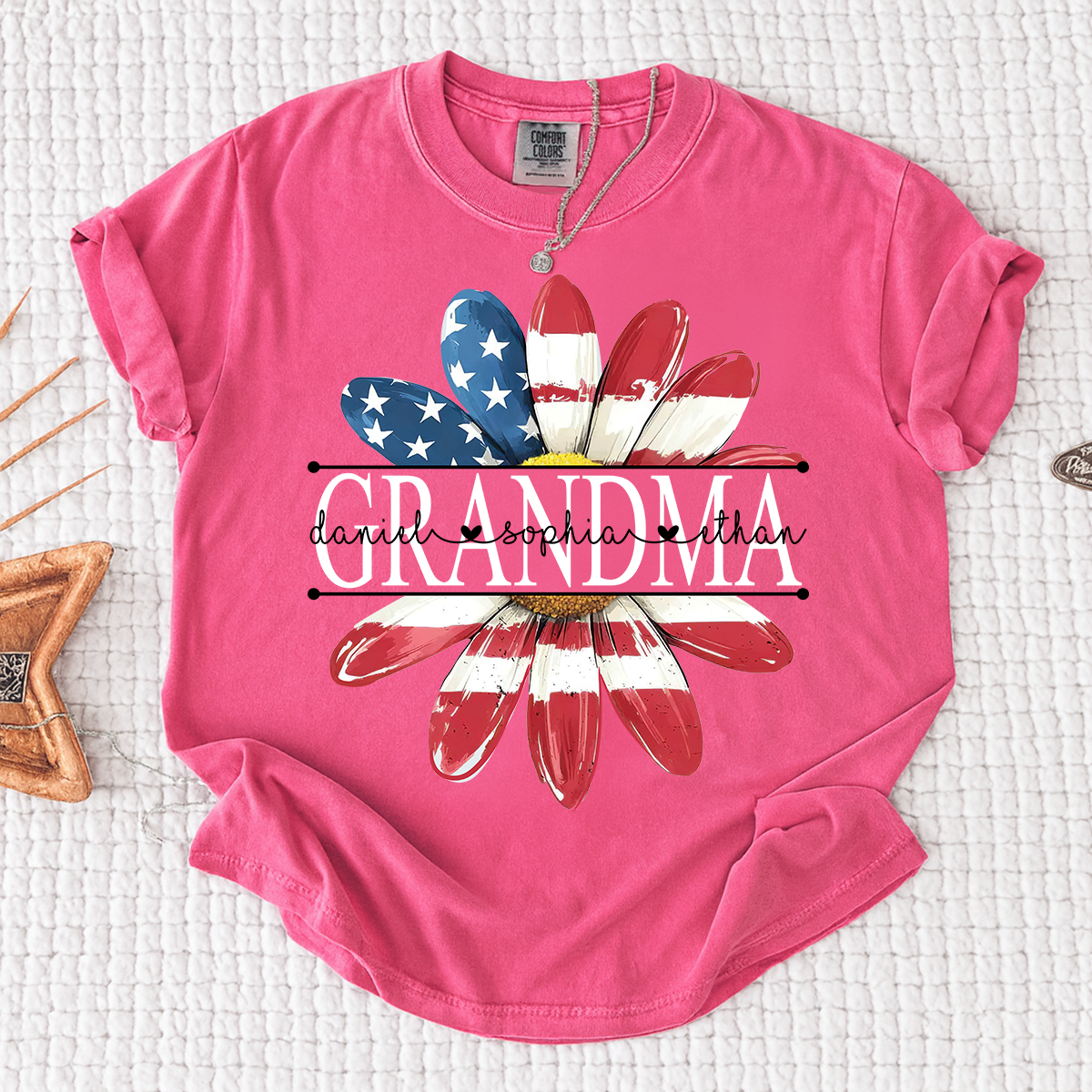Comfort Colors Personalized Grandma Monogram Shirt, Custom Family Names Patriotic Flower T-Shirt