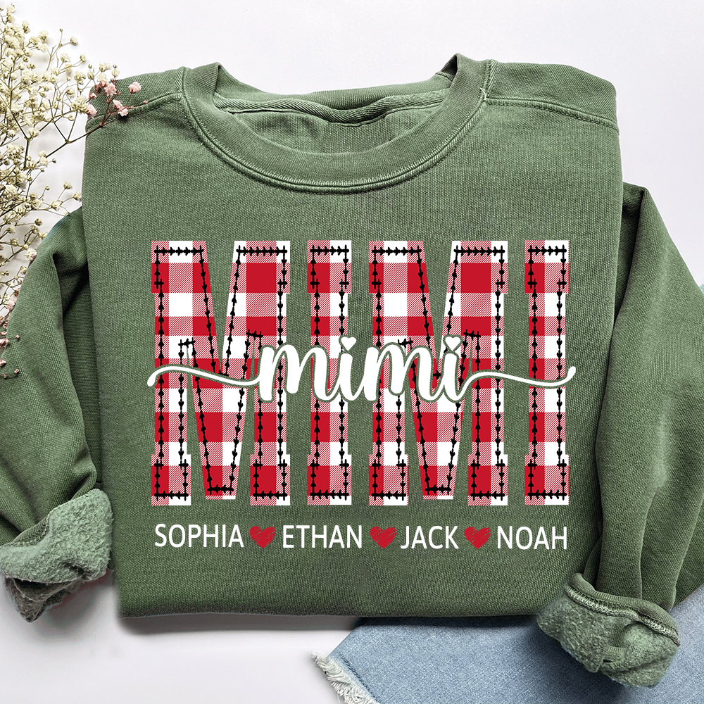 Personalized Gigi Grandma Sweatshirt, Plaid Holiday Shirt with Grandchildren Names