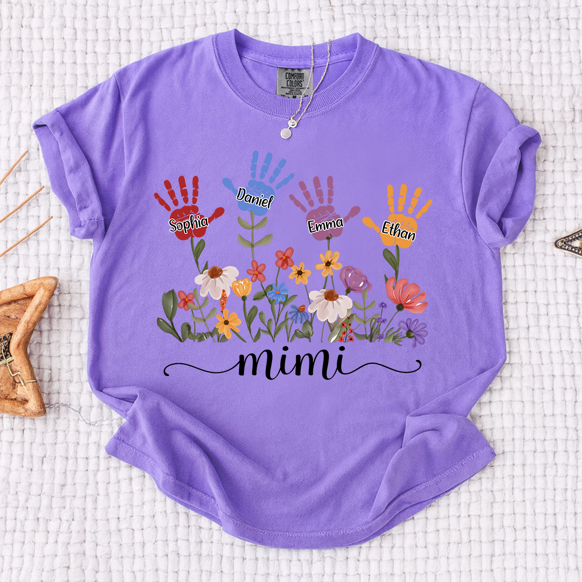 Comfort Colors Mimi Custom T Shirt with Kids Handprints, Personalized Family Names and Colorful Flower Design
