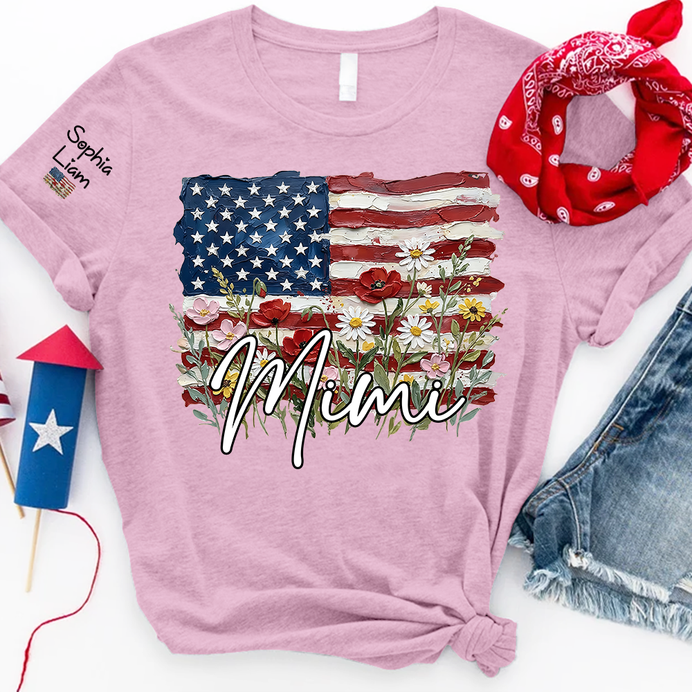 Personalized Mimi Shirt with American Flag Floral Design, Custom Grandma Name Tee, Family Gift Shirt