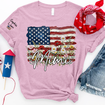 Personalized Mimi Shirt with American Flag Floral Design, Custom Grandma Name Tee, Family Gift Shirt